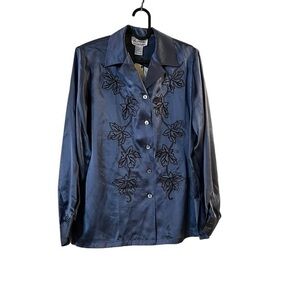 Linea Long Sleeve Lapel Collar Leaf Embroidered Blue 100% Silk Blouse